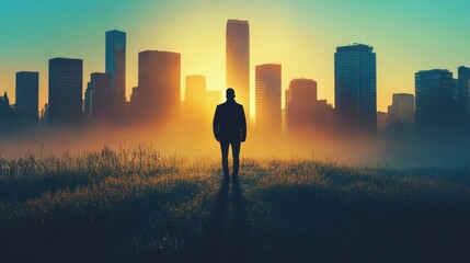 Silhouette of a Man Contemplating a City Skyline at Sunrise