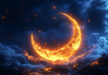 Fototapeta premium Glowing Crescent Moon Made of Flames Illuminates Dark Cloudy Sky Creating Surreal and Mystical Atmosphere
