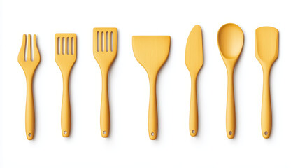 3D set of wooden kitchen utensils isolated on white background. Vector realistic illustration of yellow spoon and spatula, reusable tableware made of organic material, restaurant cooking tools