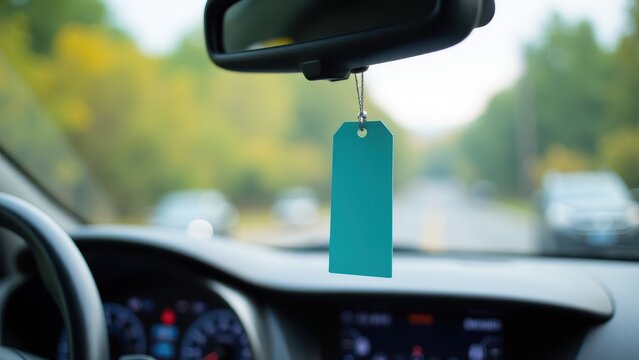 Car air freshener mockup hanging from the rearview mirror inside a vehicle.