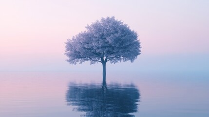 Solitary frosted tree reflecting in calm water at dawn; serene nature scene for meditation or tranquility themes