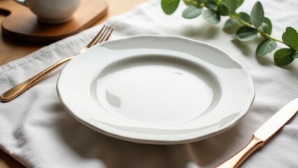 Elegant ceramic plate mockup with gold cutlery on a white cloth, accompanied by green leaves.