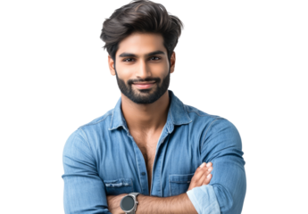 Happy Indian businessman professional leader standing arms crossed in office. Smiling male employee, businessman company executive manager