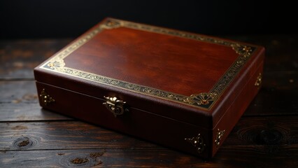 Elegant cigar box mockup with intricate gold detailing on a wooden surface.