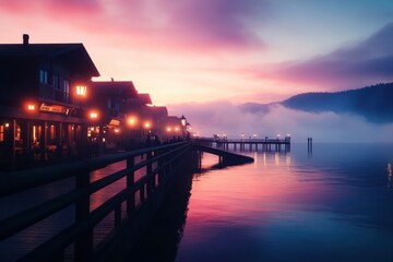 Obraz premium Serene twilight glow casting reflections over a calm lake by quaint cottages and a wooden pier