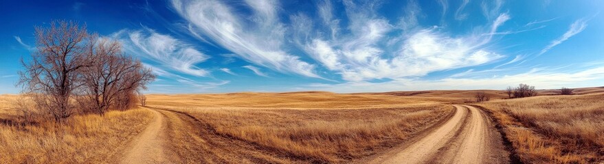 Scenic Panoramic Landscape of Open Prairie with Blue Sky, Wispy Clouds, Dry Grassland, and Winding Dirt Roads in Rural Setting