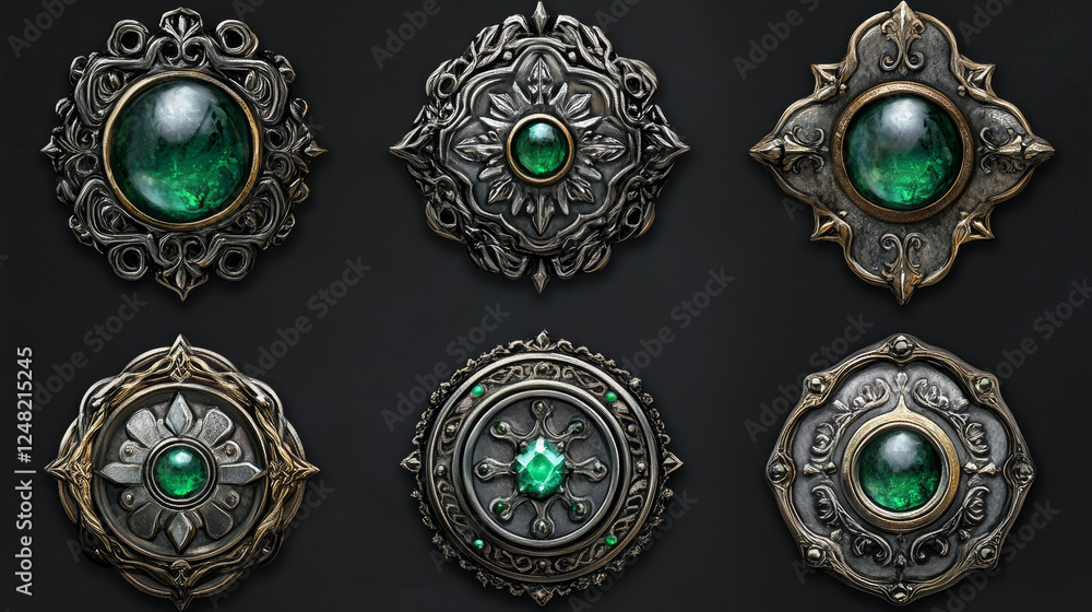Poster silver buttons with fantasy frames in medieval style and green gems for rpg game ui design. vector c