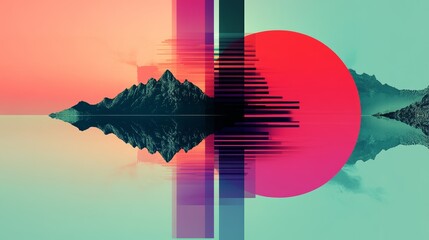 Abstract landscape of mountains reflecting on water featuring geometric shapes and vivid colors in a modern art style creating a surreal view
