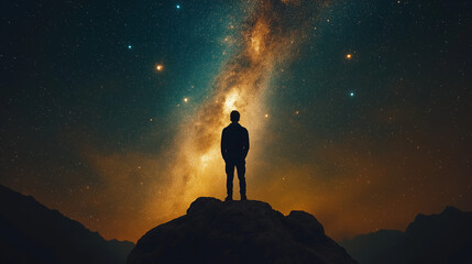 Fototapeta premium Space background. Silhouette man and mountain land with blue starry night sky, nebula. Success, travel, adventure