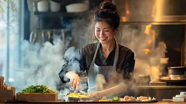 Woman chef cook at kitchen smiling