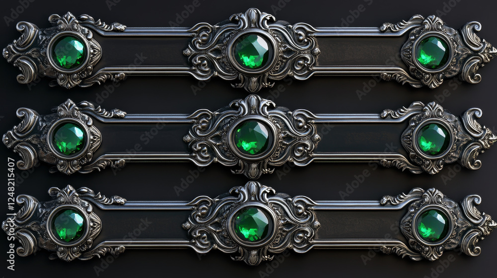Poster silver buttons with fantasy frames in medieval style and green gems for rpg game ui design. vector c