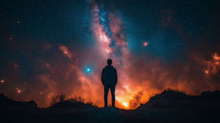 Fototapeta premium Space background. Silhouette man and mountain land with blue starry night sky, nebula. Success, travel, adventure