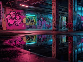 Obraz premium Graffiti-covered urban tunnel reflection, night