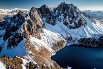Majestic Snow-Covered Mountains Surrounding a Deep Blue Lake Under Clear Skies in a Stunning Alpine Landscape at Sunrise