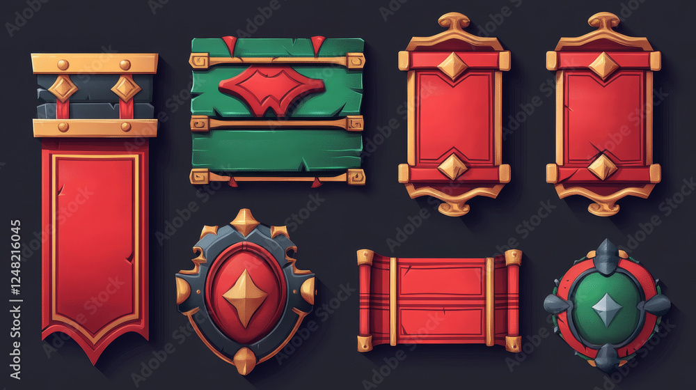 Poster red medieval ui game menu elements, buttons, banners with ornate rims and green gems. empty royal gu