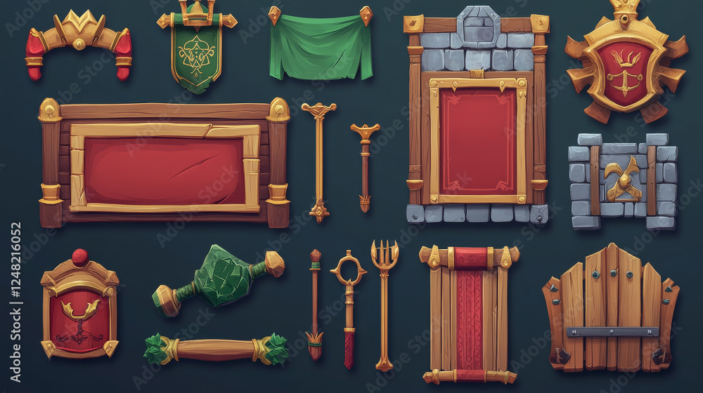 Aufkleber red medieval ui game menu elements, buttons, banners with ornate rims and green gems. empty royal gu
