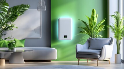 modern green living room with smart home tech - biophilic design
