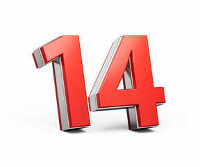 Bold Vibrant Red Number Fourteen Number 14 With Metallic On White Background 3D Illustration