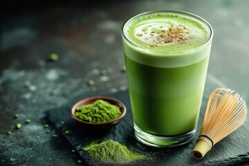 Traditional matcha latte in glass with frothy milk and cinnamon topping  
