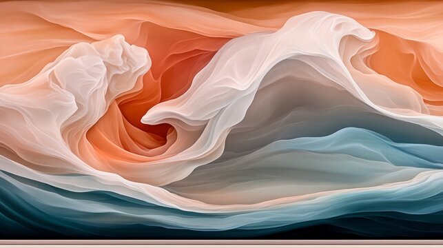Abstract flowing curves of orange white and blue resemble a dreamscape blending coolness with warmth in a harmonious visual