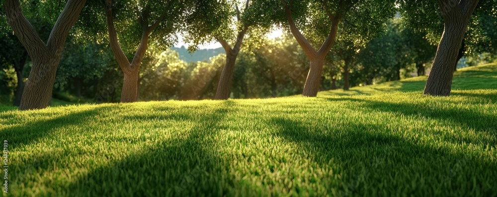 Poster a tranquil scene featuring lush green grass and trees, illuminated by soft sunlight filtering throug