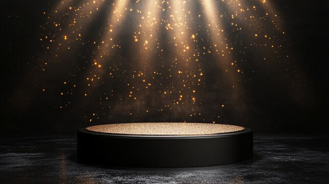Sleek black podium stage with golden glitter and focused spotlight; great for premium product presentations and luxury-themed visuals.