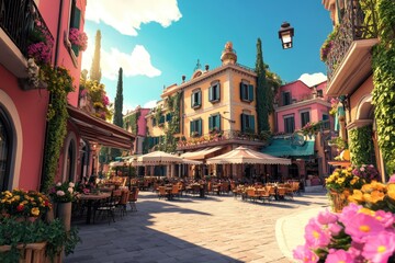 Charming European square adorned with colorful flowers and lively outdoor dining in a radiant sunset