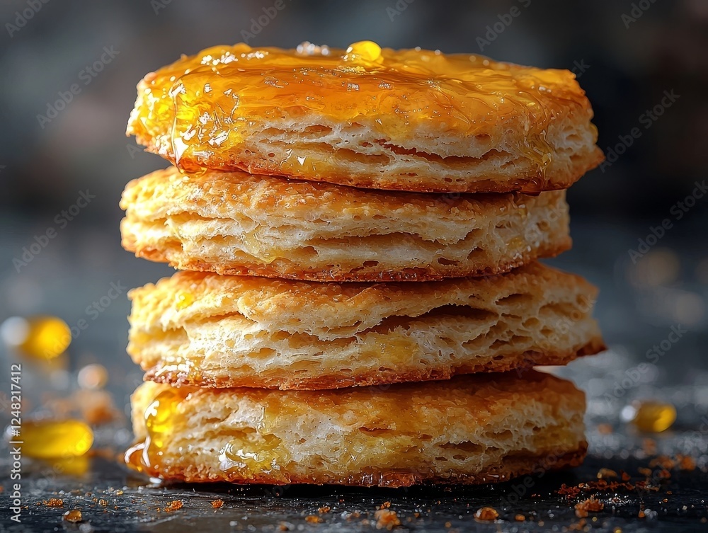 Poster mouthwatering stack of buttery biscuits drizzled with honey and jam creating a comforting and appeti