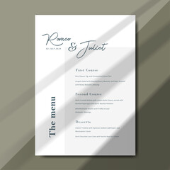 Wedding Menu Template with minimalist and modern design with stylish script and serif fonts perfect for dinner menu and elegant receptions. Template size 5" x 7"