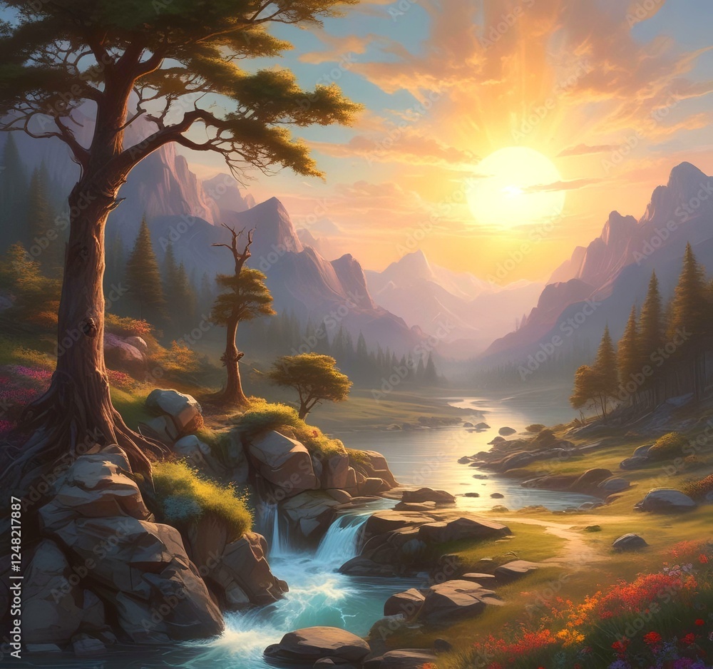 Wall mural Illustration of fantasy scenic landscape.