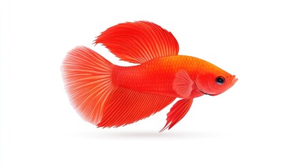 Fototapeta premium Vibrant red betta fish swimming gracefully against a clean white background, showcasing its fins