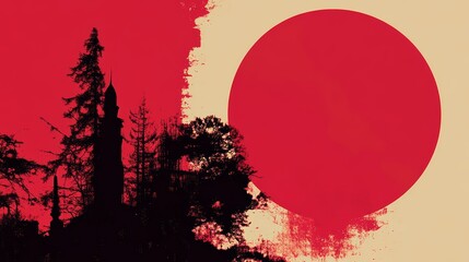 Surreal landscape featuring silhouetted trees and a tower against a red sky and a large red circular element in the background