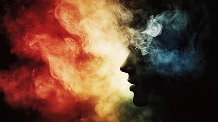 A side profile of a person's face engulfed in fiery and icy smoke symbolizing the duality of emotions and complex inner states