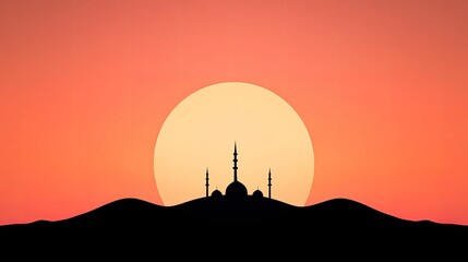Obraz premium Silhouette of a Mosque Against a Vibrant Sunset with Hills in the Background