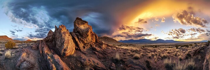 Naklejka premium Majestic Sunset Over Rocky Terrain with Dramatic Clouds Illuminating the Sky in a Breathtaking Desert Landscape