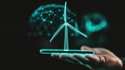 Obraz premium Futuristic Hand Holding a 3D Model of a Wind Turbine with Technology and Sustainability Concepts in Background