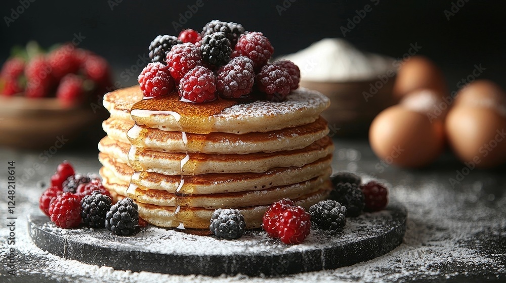Poster homemade pancake stack with fresh berries and rustic breakfast elements