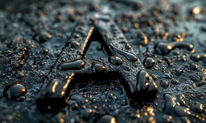 Letter A Enshrouded in Water Droplets Captured in Moody Light Reflections Forming Abstract Art