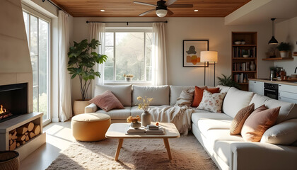 Fototapeta premium modern living room with fireplace and sofa