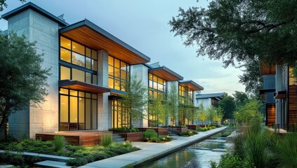 Fototapeta premium Modern architectural design featuring serene waterway and lush greenery in upscale residential area during twilight hours with soft ambient lighting