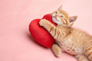 Heartfelt Cuddles: Ginger Kitten Hugging a Red Plush Heart