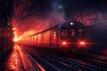 Naklejka premium Mysterious subway train emerges from the shadows of a vibrant, illuminated tunnel at dusk