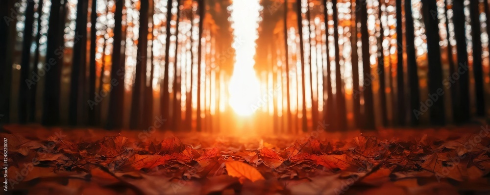 Poster a serene autumn forest scene with sunlight filtering through tall trees, illuminating fallen leaves 