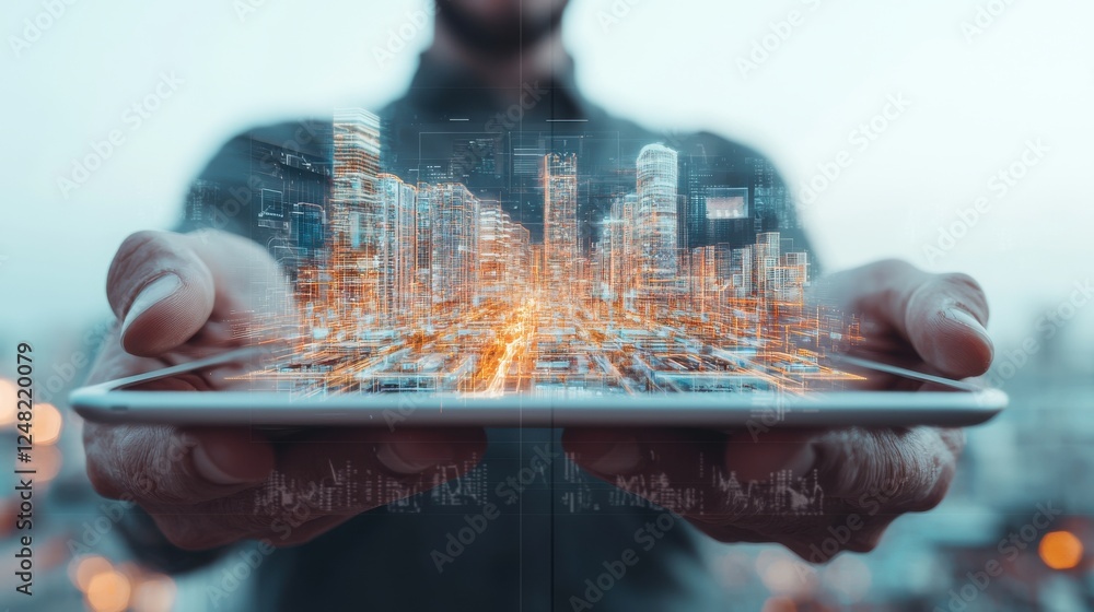 Poster hands holding tablet displaying futuristic cityscape with digital elements and urban architecture vi
