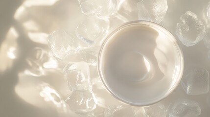 White skin care bottle with ice cubes on white background,Ice sealed skincare product,lotion,toner, skin care,Natural cosmetic products for protecting and nourishing skin of face,copy space.