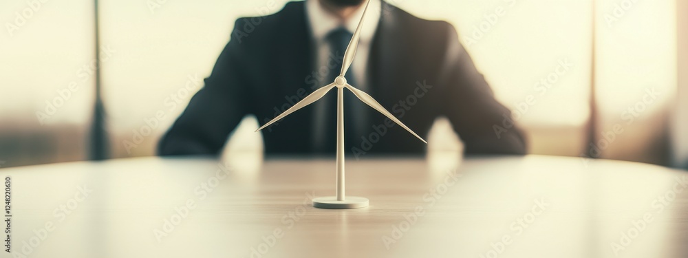 Poster businessman in suit contemplating tiny wind turbine model on table with soft focus background