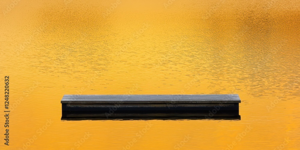Poster A serene image of a black platform floating on a golden water surface, creating a tranquil and reflective scene.