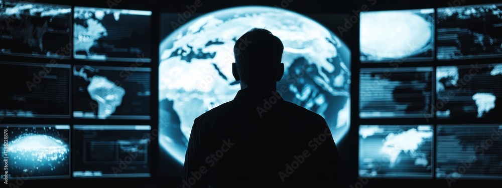 Poster person observing digital world map and data visualization in high-tech monitoring room