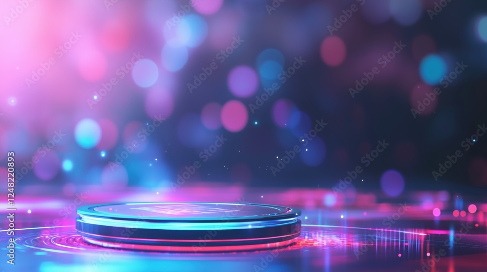 Poster colorful abstract background with glowing circular platform and vibrant bokeh effects at nighttime