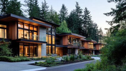 Modern residential architecture in forest setting showcasing eco-friendly design and expansive glass facades surrounded by lush greenery
